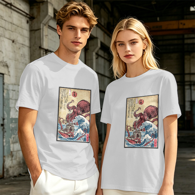 Olive T-shirt with Japanese octopus and wave woodblock print