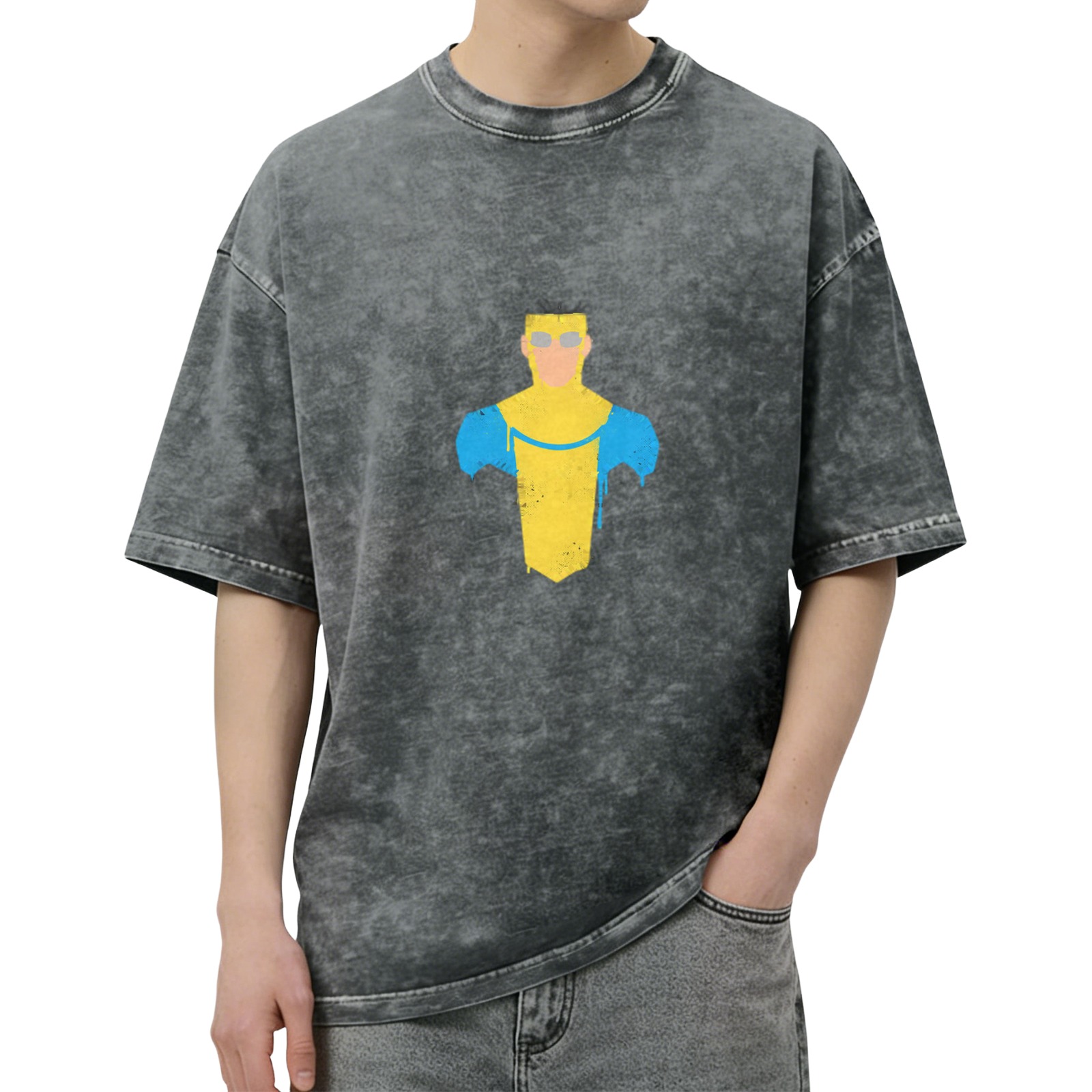 Distressed washed black loose short-sleeved T-shirt with minimalist superhero print on the chest