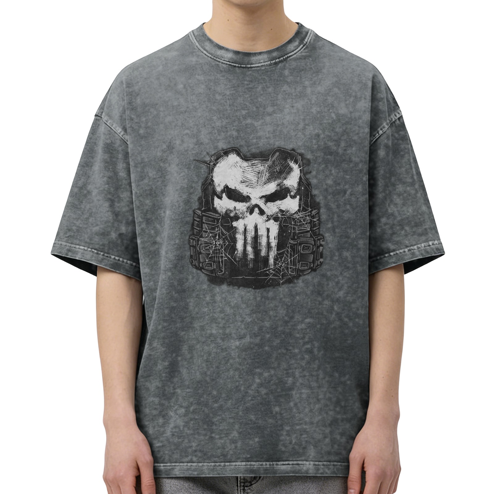 Washed Black T-Shirt With Tactical Skull Graphic Print