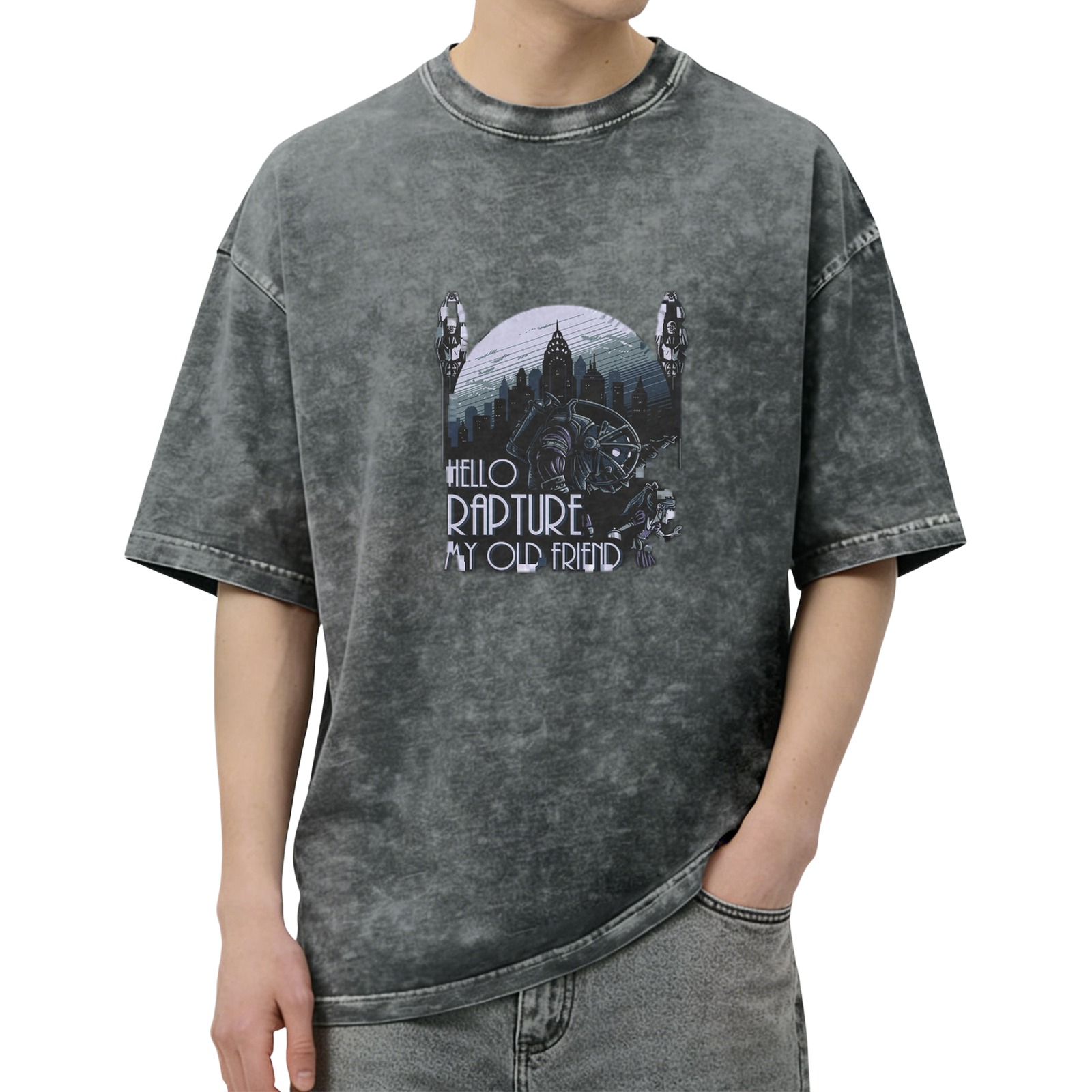 Oversized Vintage Wash T-Shirt with BioShock 'Hello Rapture My Old Friend' Graphic Print