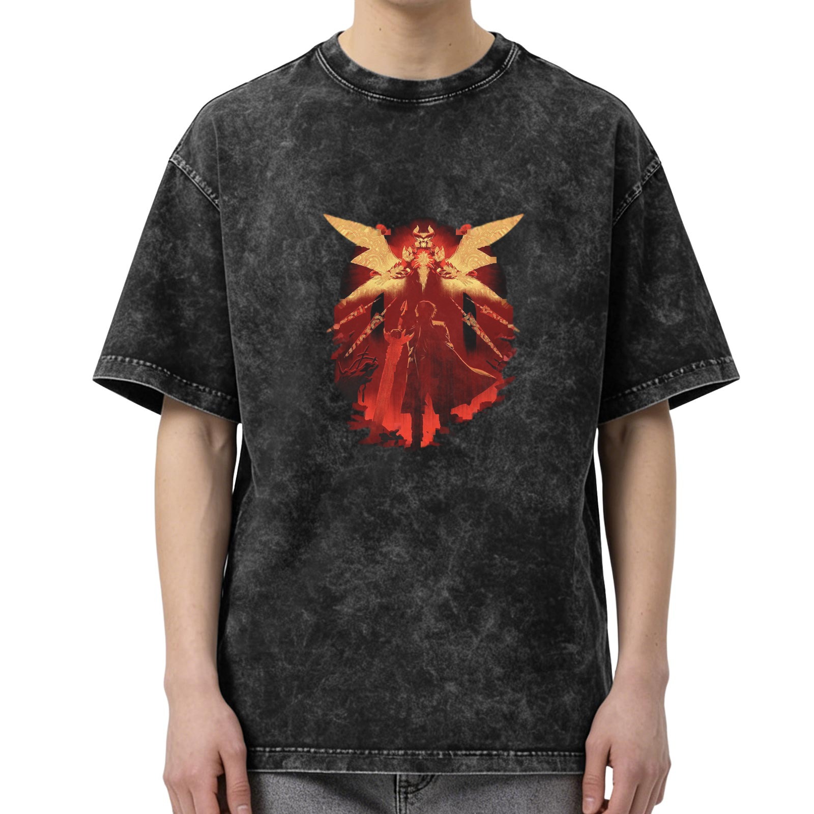 Dark Acid Wash T-Shirt With Red Winged Fantasy Character Graphic