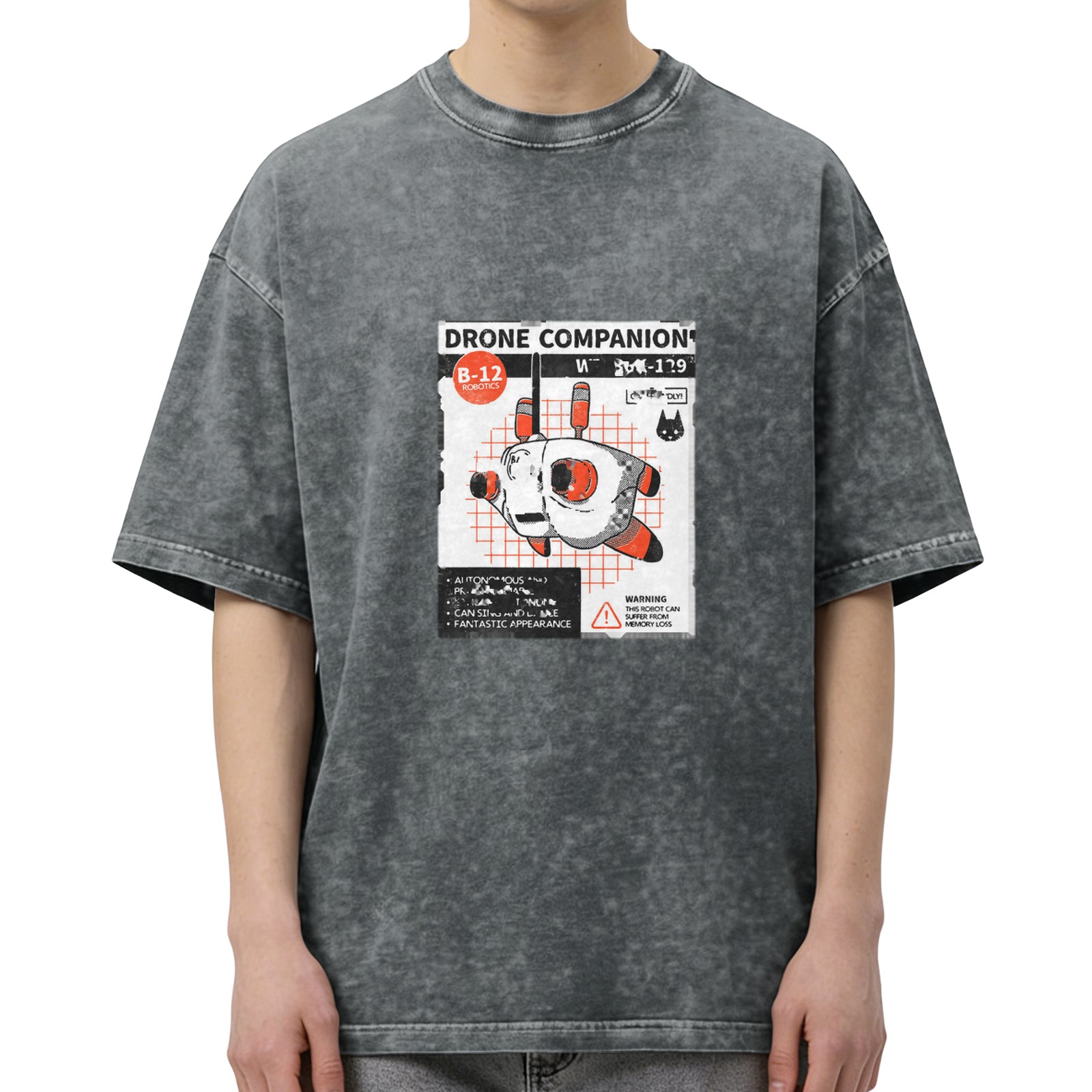 Oversized Black Stonewashed T-Shirt with Drone Companion Graphic Print