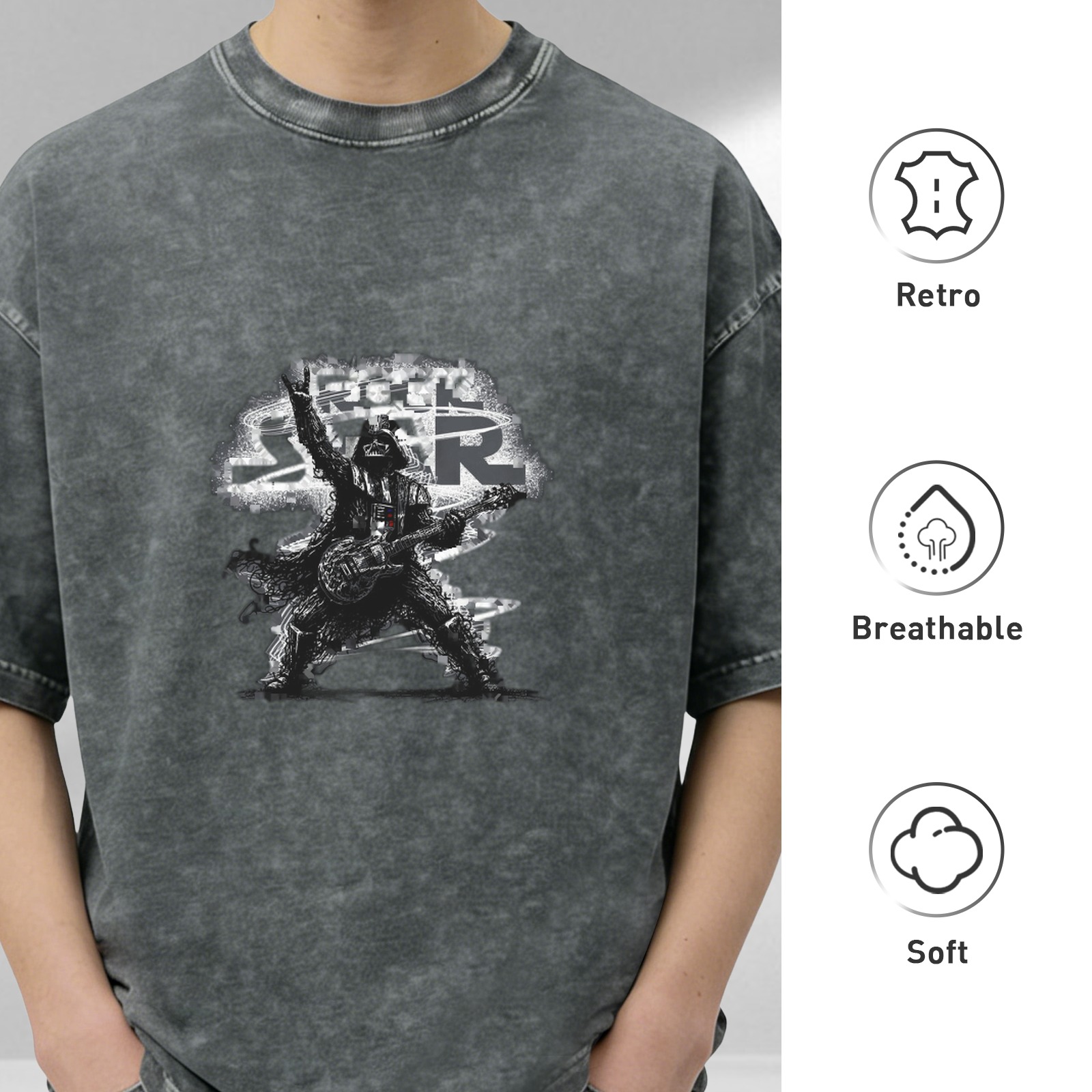 Distressed black rock and roll themed printed short-sleeved T-shirt