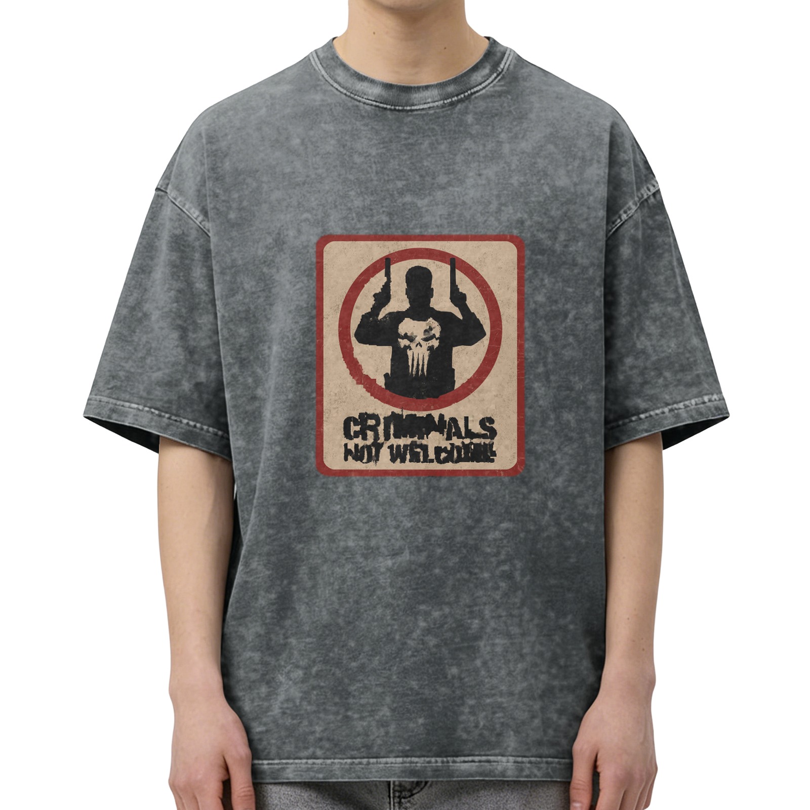 Washed black t-shirt with Punisher criminals not welcome graphic
