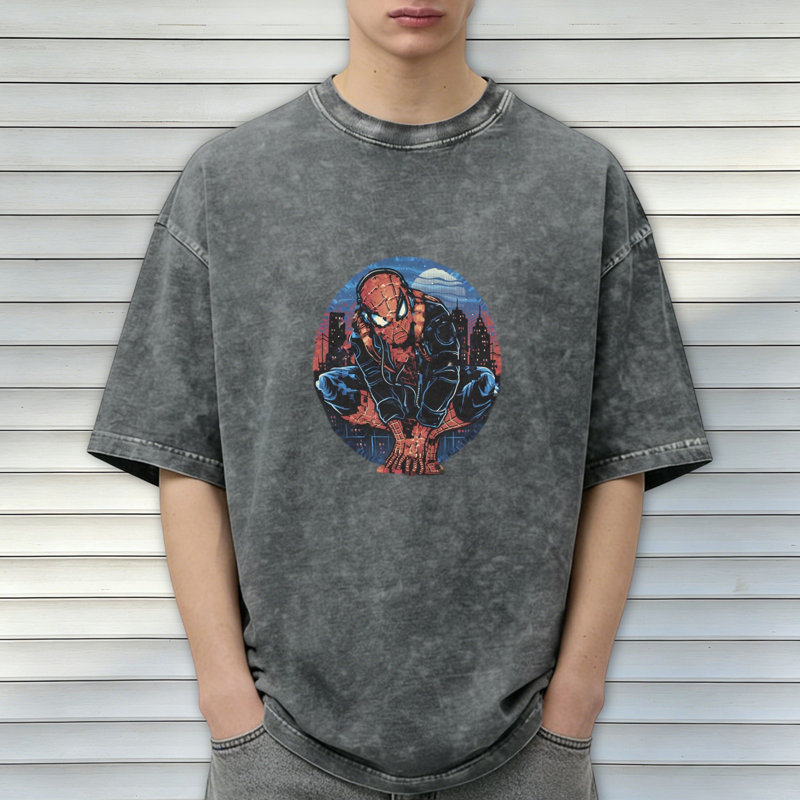 Oversized Acid Wash T-Shirt with Spider-Man Cityscape Graphic