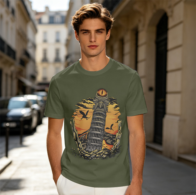 Ominous tower with eye and flying creatures graphic t-shirt