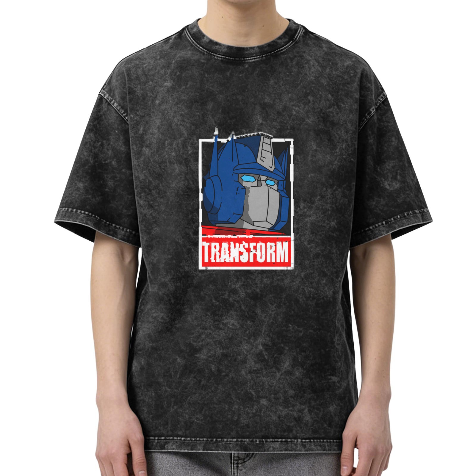 Washed Black T-Shirt with Optimus Prime Graphic and Transform Text