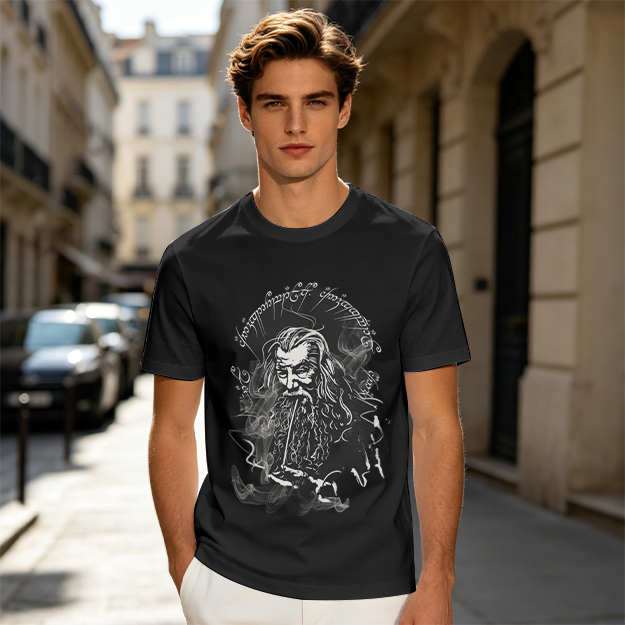 Olive T-Shirt with Wizard Smoking Pipe Fantasy Art Print