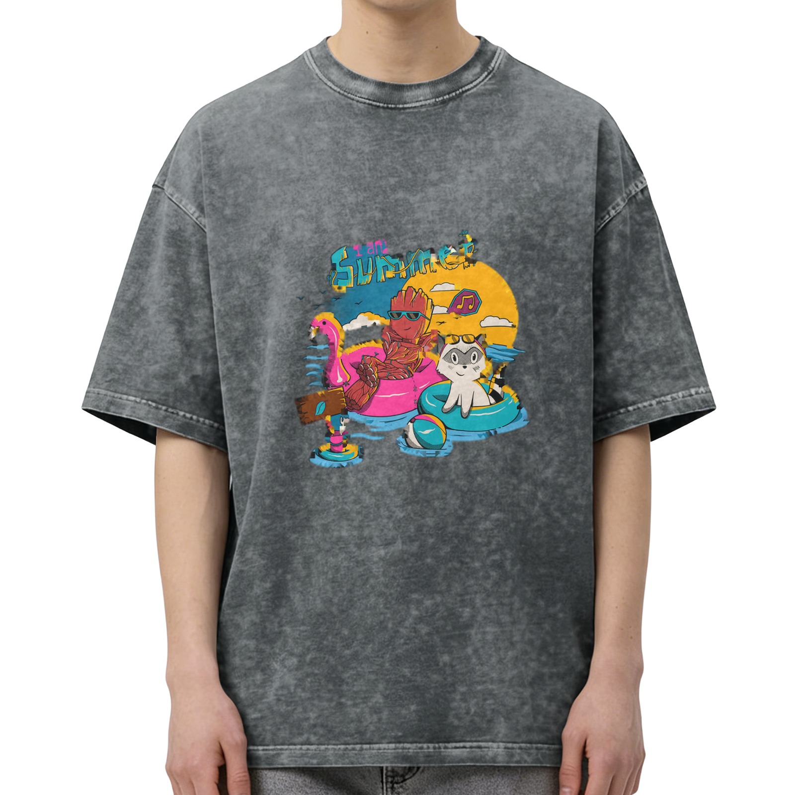 Washed Black Summer Pool Party Graphic T-Shirt with Cartoon Characters