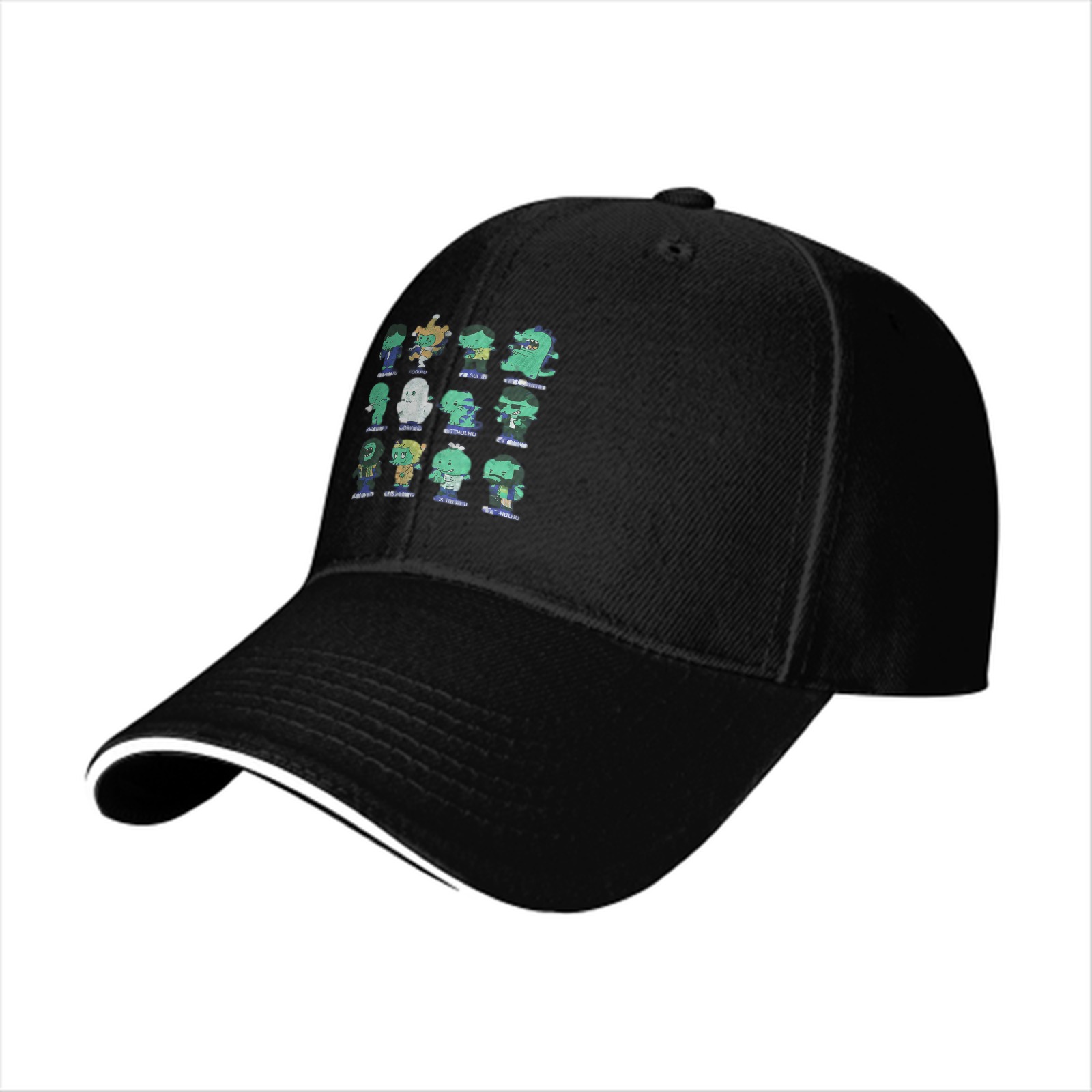 Black baseball cap with cute monster character grid print