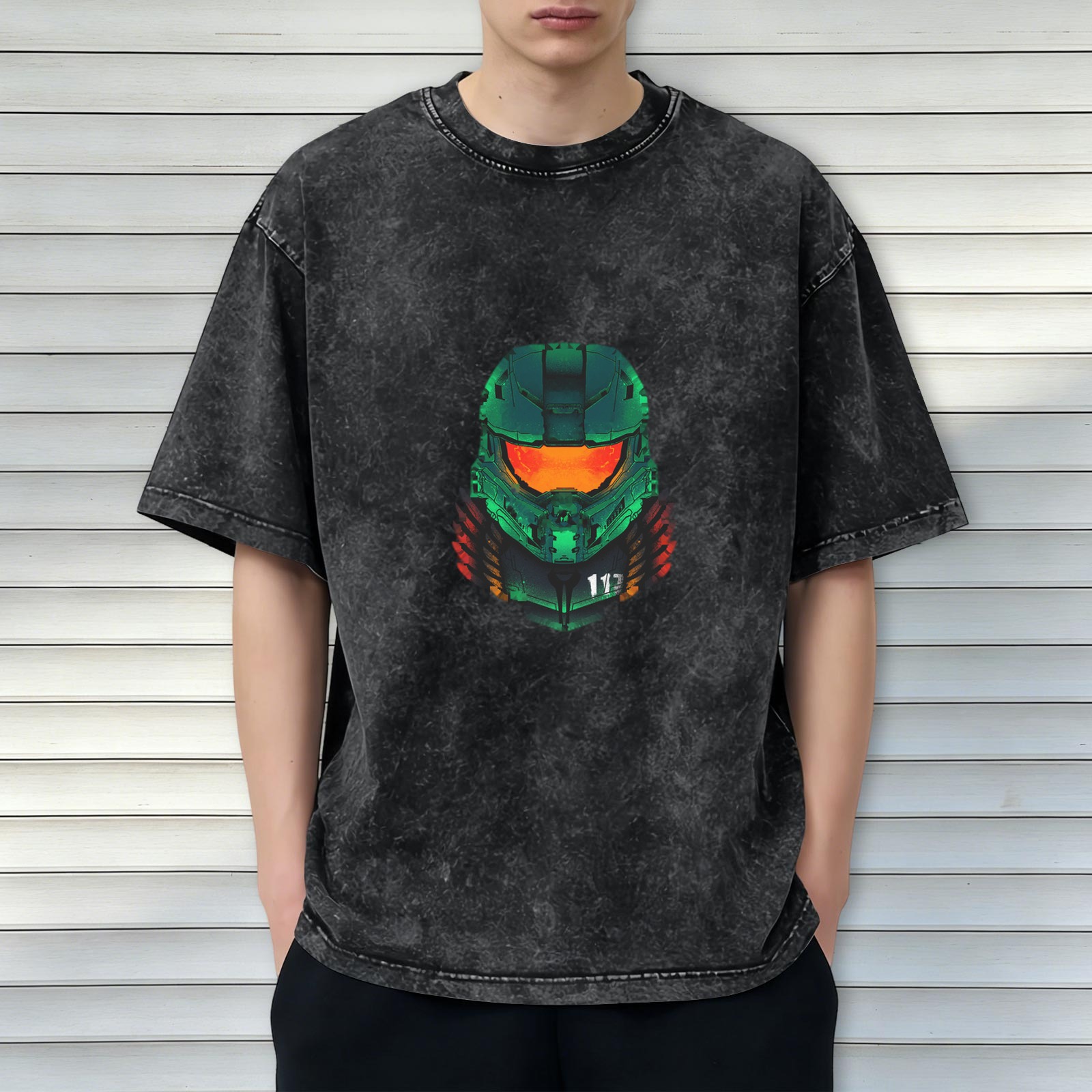 Oversized Stonewashed T-Shirt With Master Chief Helmet Graphic