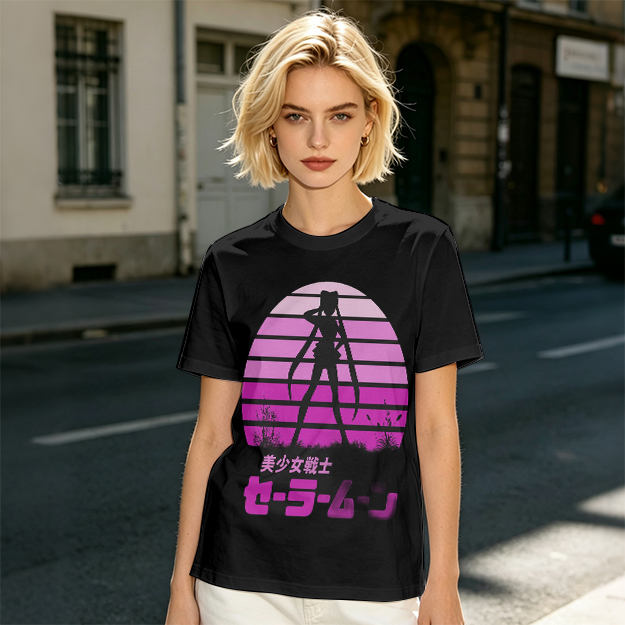 Sailor Moon Anime Silhouette Retro Sunset Graphic T-Shirt