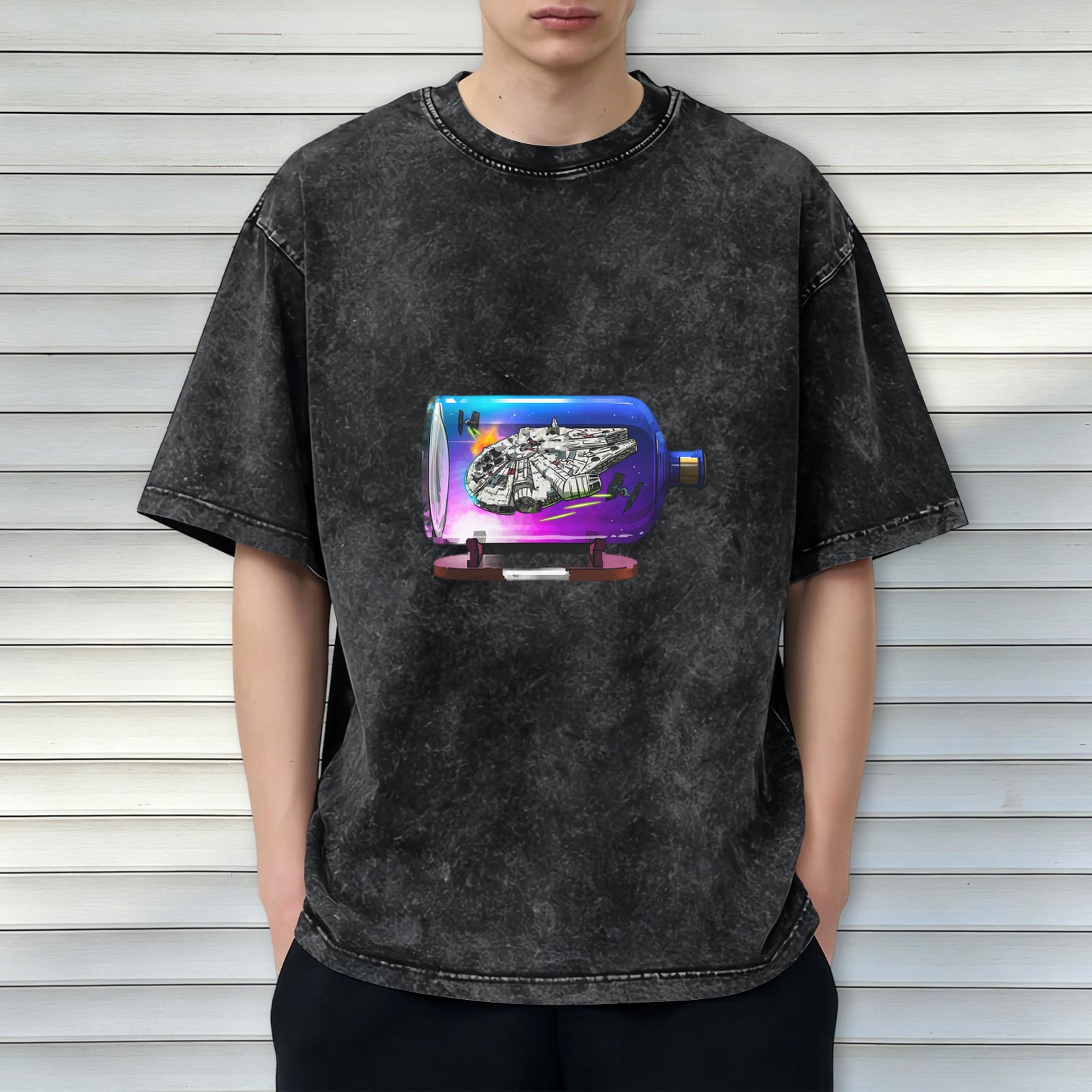 Oversized Acid Wash T-Shirt with Spaceship in Bottle Graphic