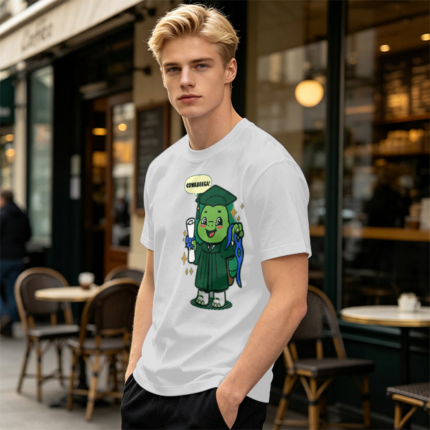 Olive T-shirt with Graduation Turtle Saying Cowabunga