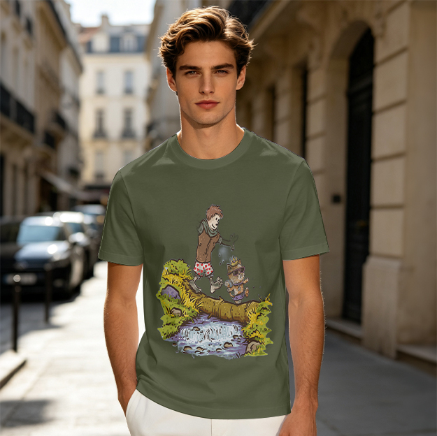 Olive T-Shirt With Cartoon Hikers Crossing Log Over Stream Art