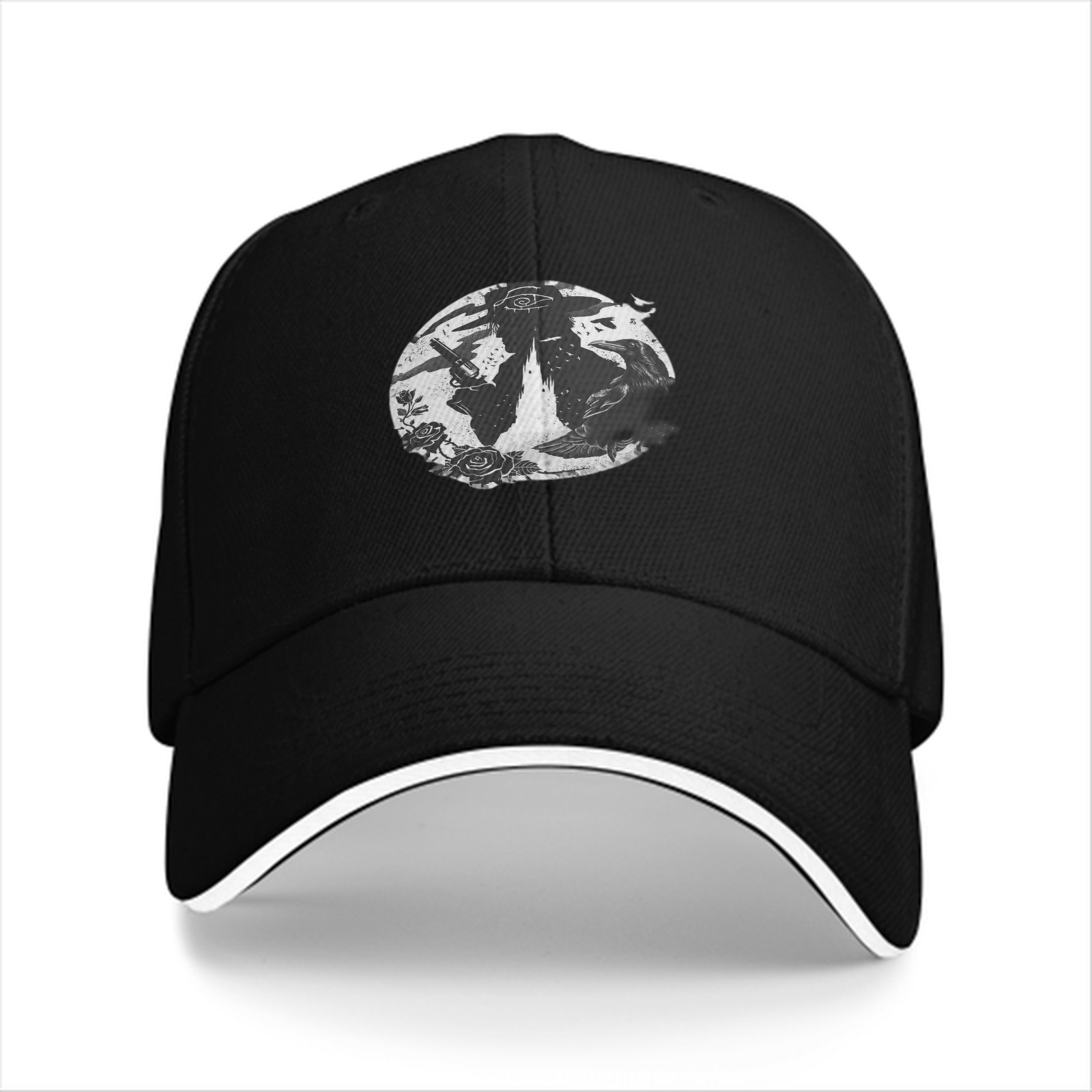 Black Baseball Cap With Gothic Silhouette And Rose Graphic