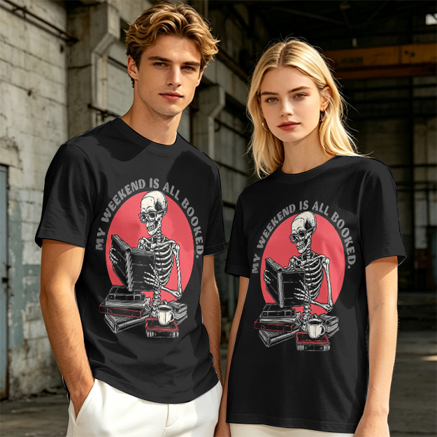 My Weekend Is All Booked Skeleton Reading T-Shirt