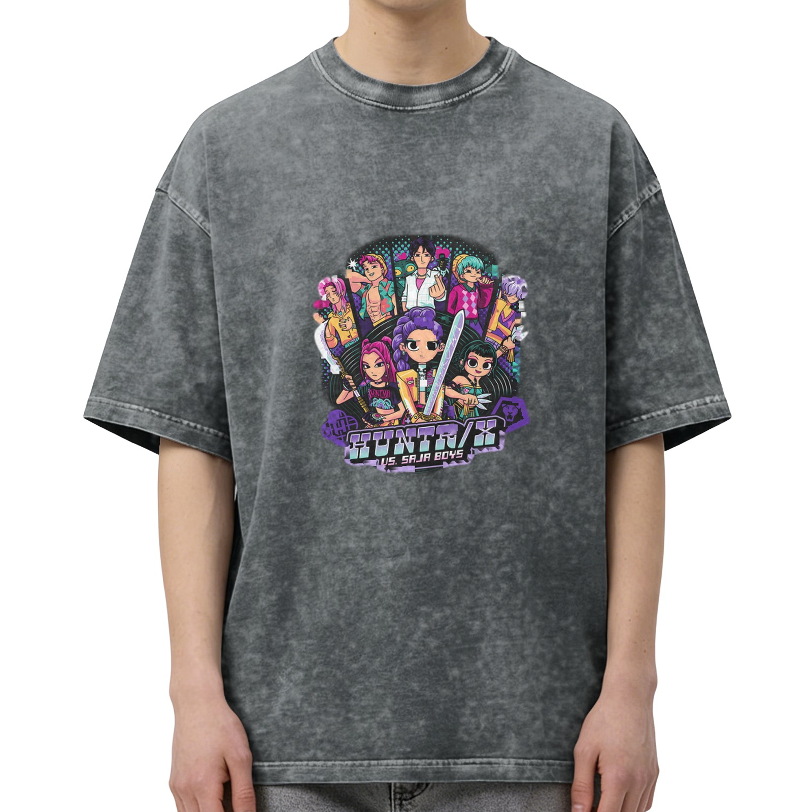 Oversized Acid Wash Graphic T-Shirt with Anime 'HUNTR/X vs. SAJA BOYS' Print