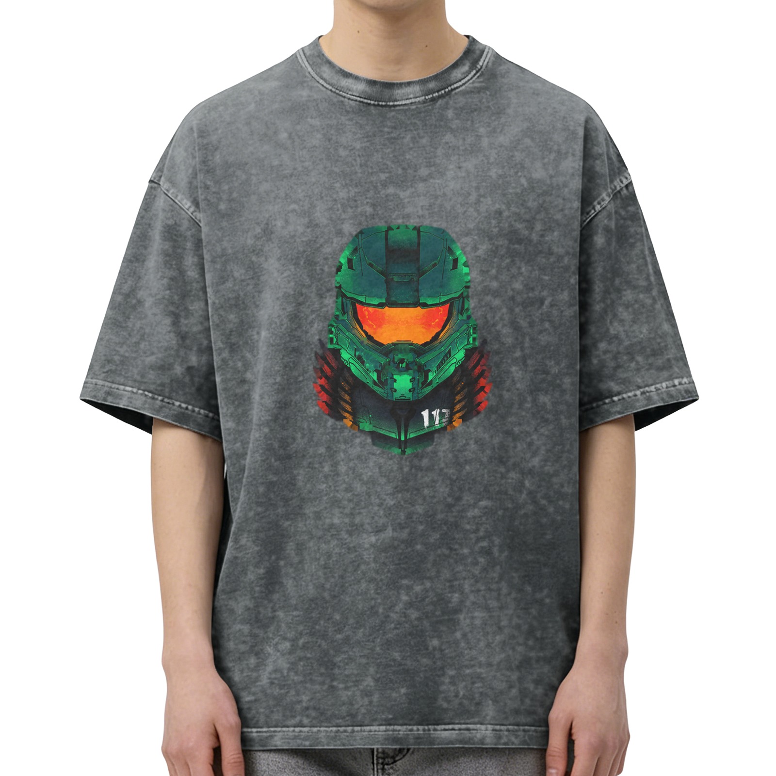 Oversized Stonewashed T-Shirt With Master Chief Helmet Graphic
