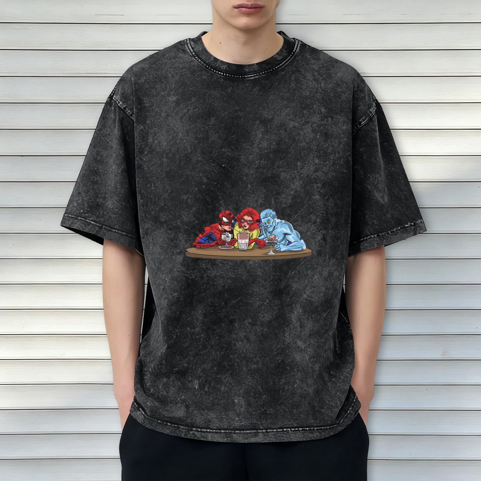 Washed Black T-Shirt with Superhero Characters at a Bar Table Graphic