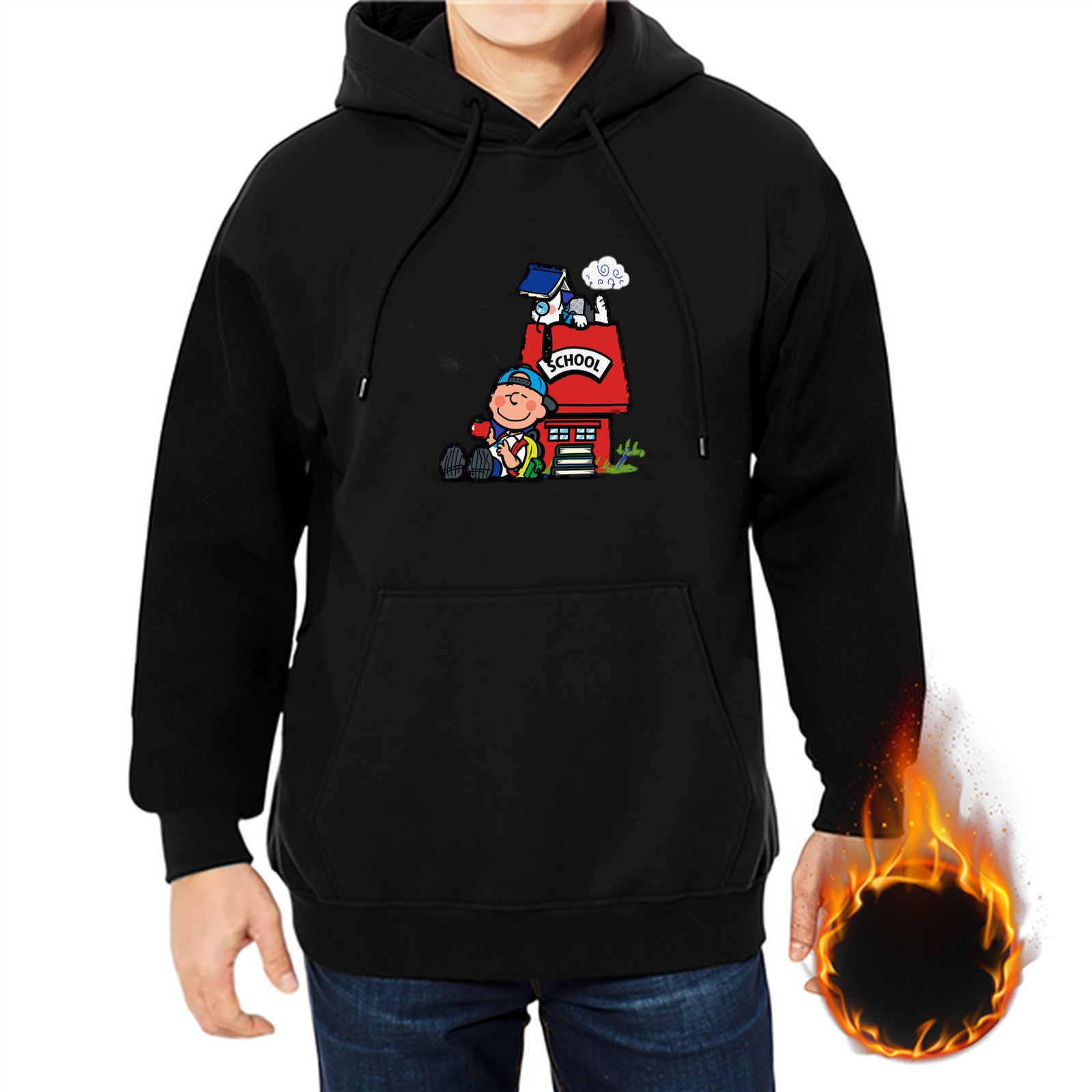Black hoodie with Peanuts Snoopy and Charlie Brown school-themed graphic