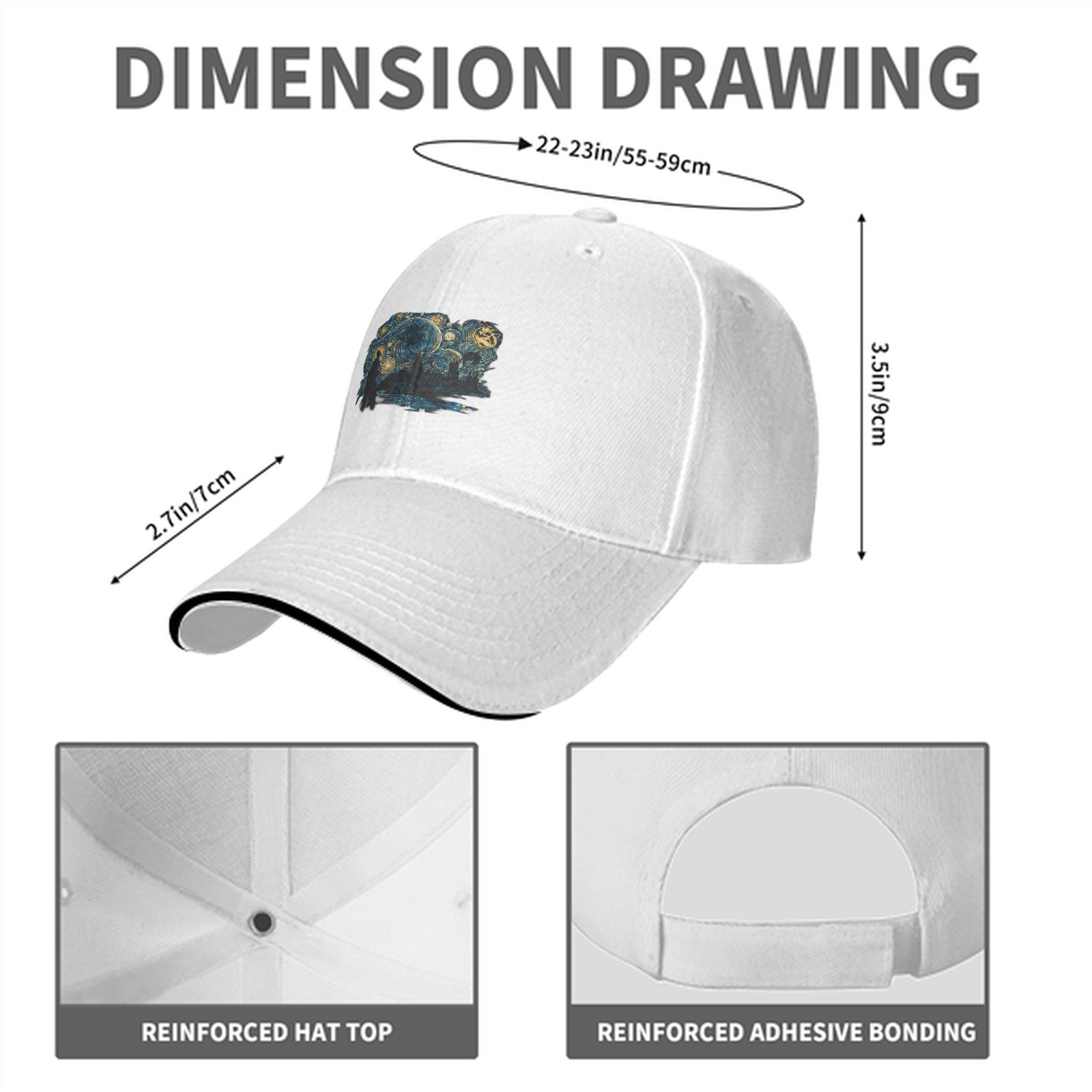 Black baseball cap with Starry Night inspired artistic print