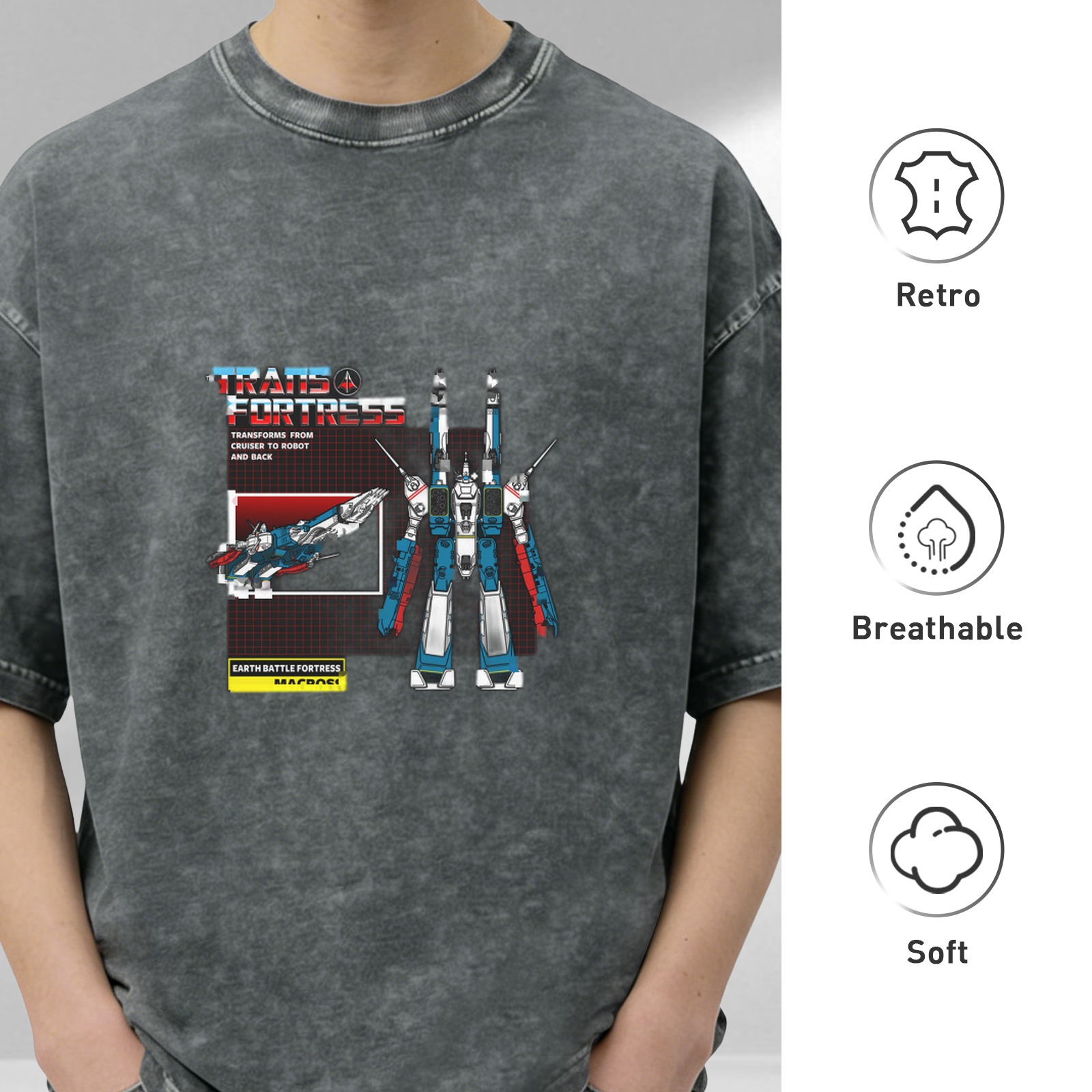 Retro distressed washed black short-sleeved T-shirt Battlestar mecha-themed printed loose top