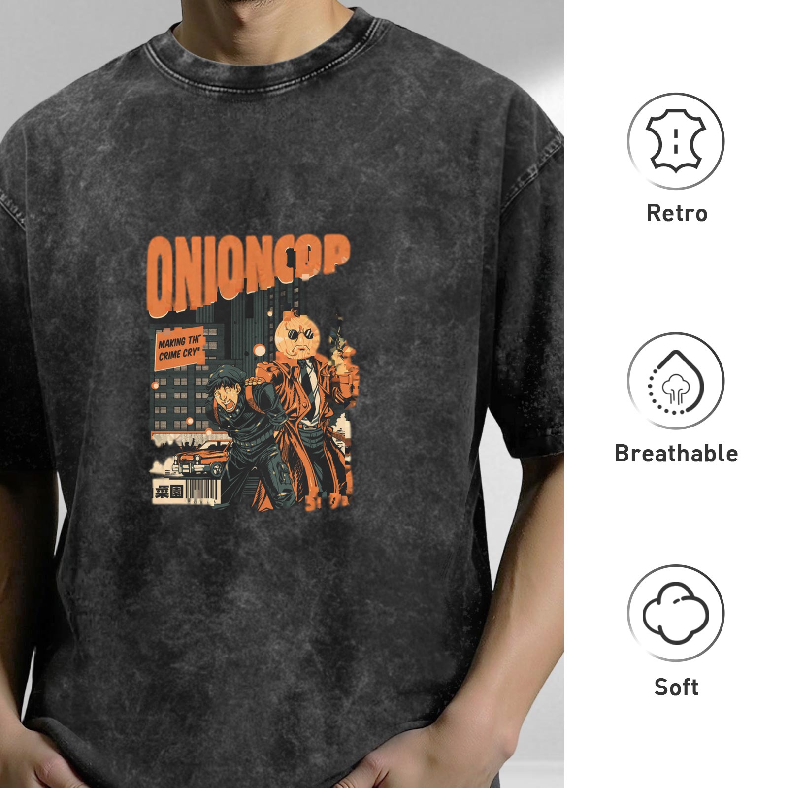 Onion Cop Graphic Vintage Wash Black T-Shirt