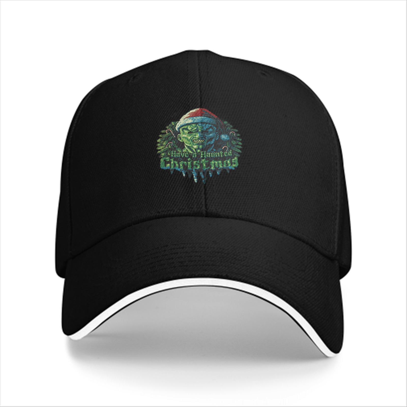 Black Baseball Cap With Haunted Christmas Monster Santa Design