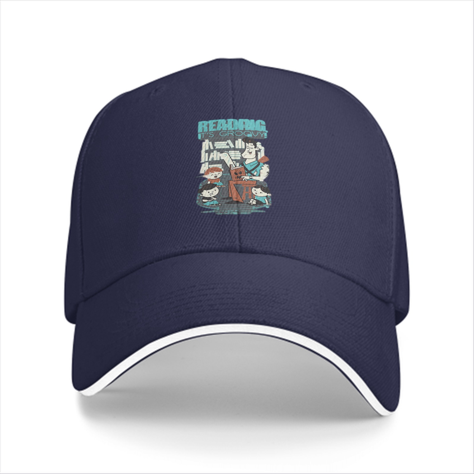 Black baseball cap with retro reading themed graphic print