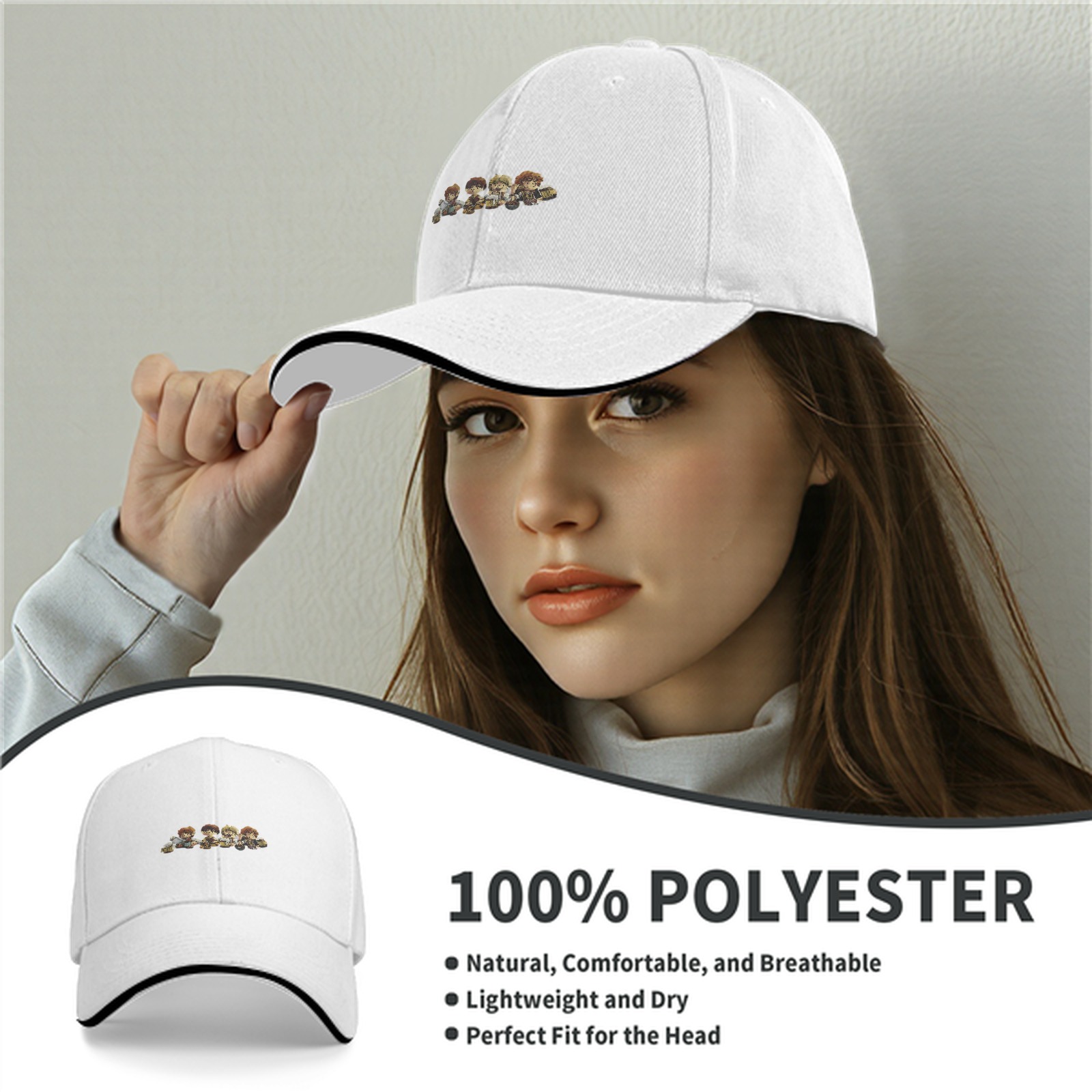 Black Baseball Cap With Four Fantasy Halfling Characters Print