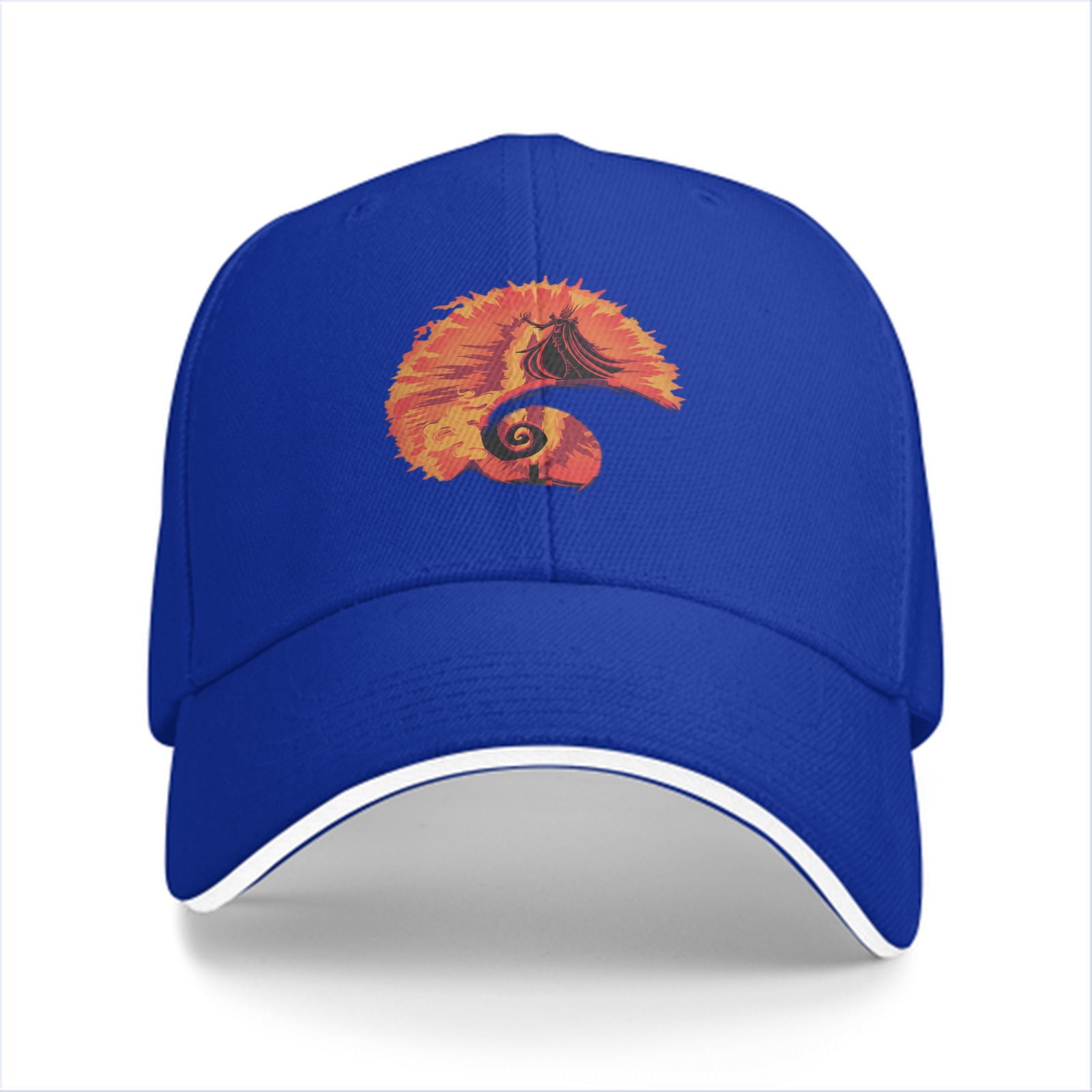 Black baseball cap with fiery spiral silhouette graphic