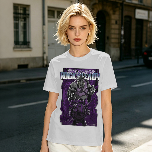 Olive green t-shirt featuring Rocksteady the strong mutant character