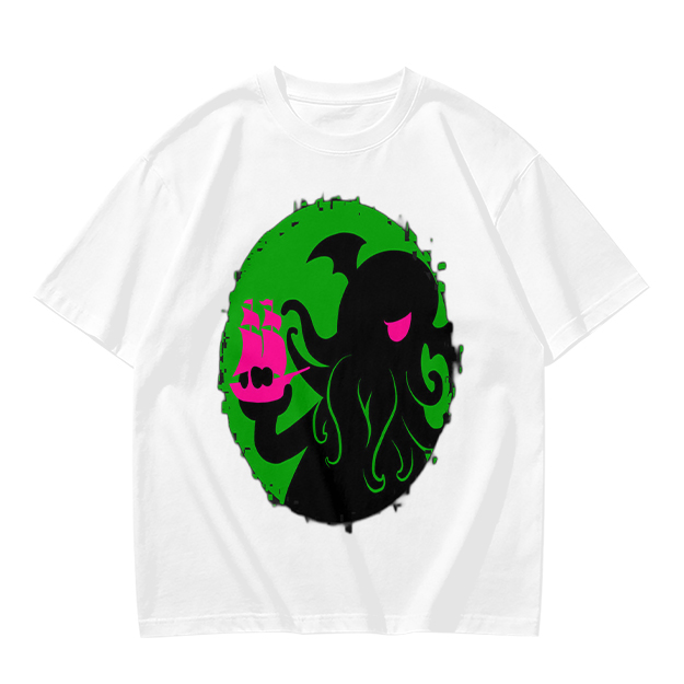 Olive T-Shirt With Cthulhu Holding Pink Ship Graphic Print