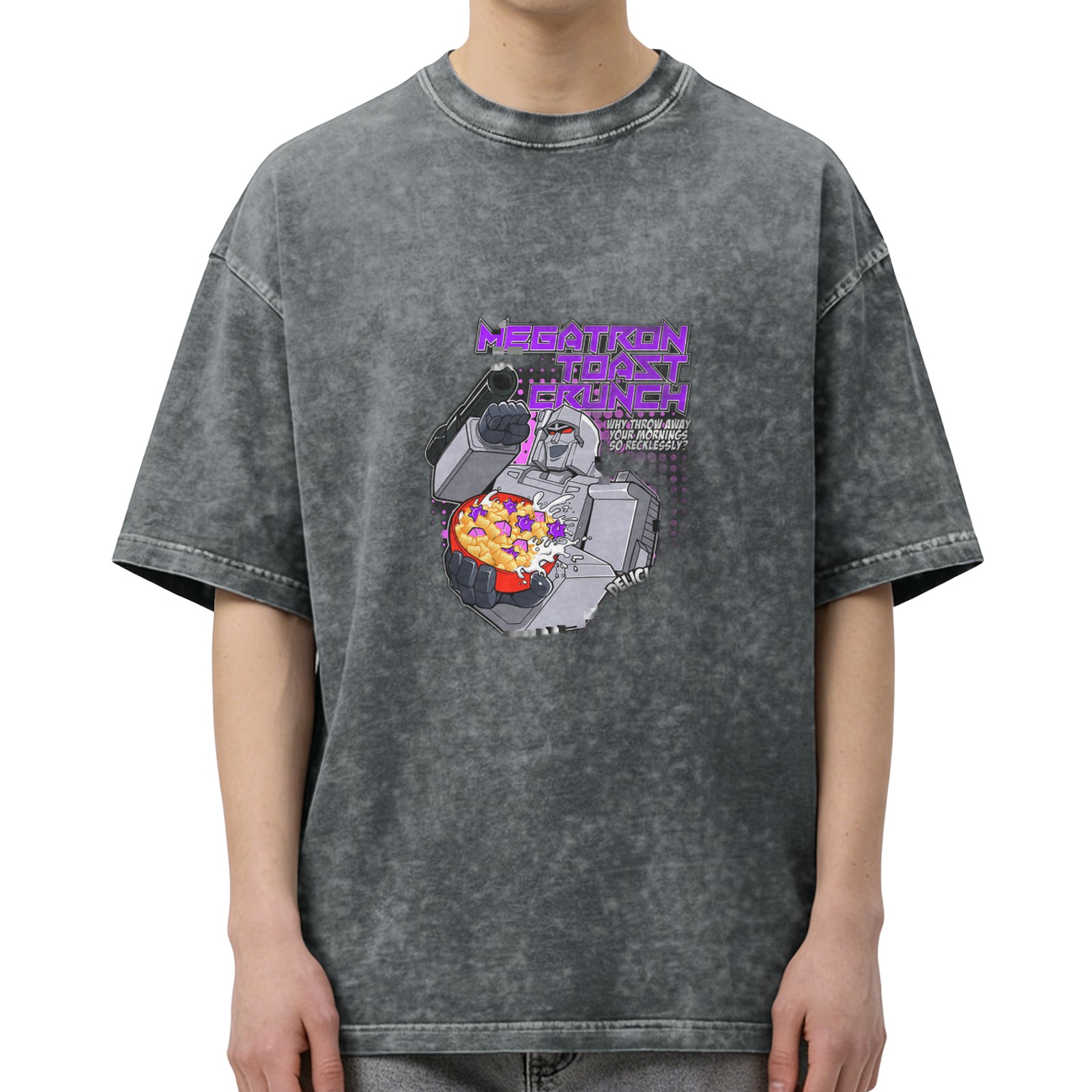 Oversized Acid Wash T-Shirt with Megatron Toast Crunch Graphic