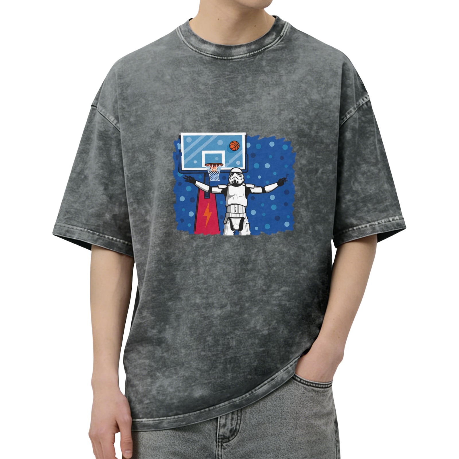 Washed Black T-Shirt with Stormtrooper Basketball Graphic Design