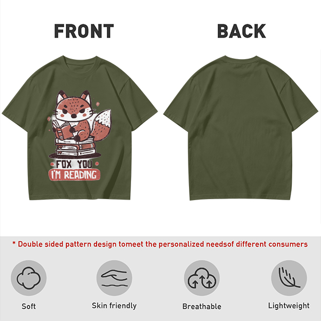 Olive T-Shirt with Cute Fox Reading Book Pun Print