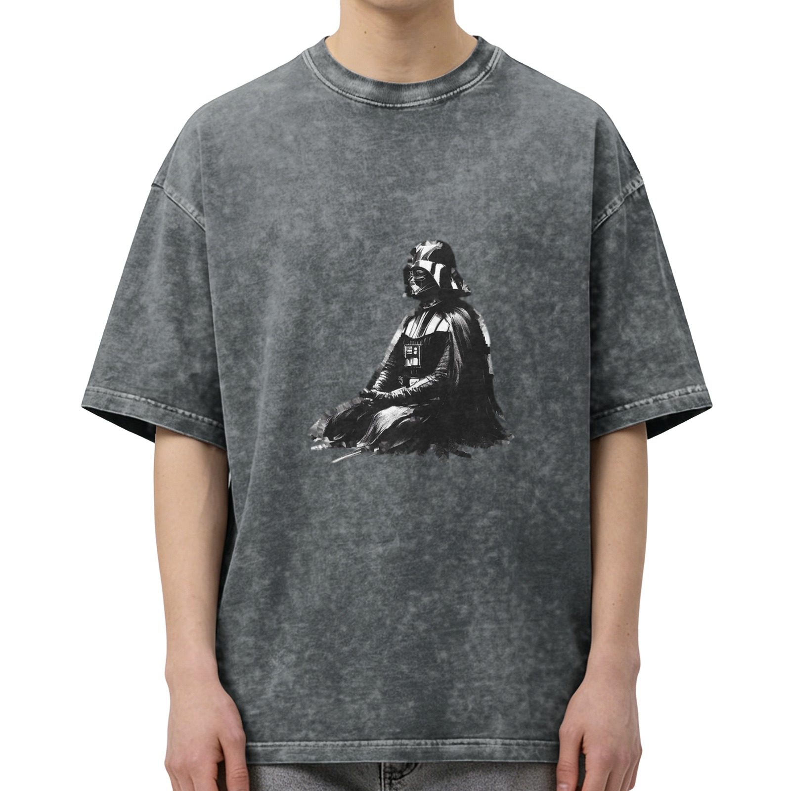 Washed Black T-Shirt With Seated Dark Warrior Graphic Print