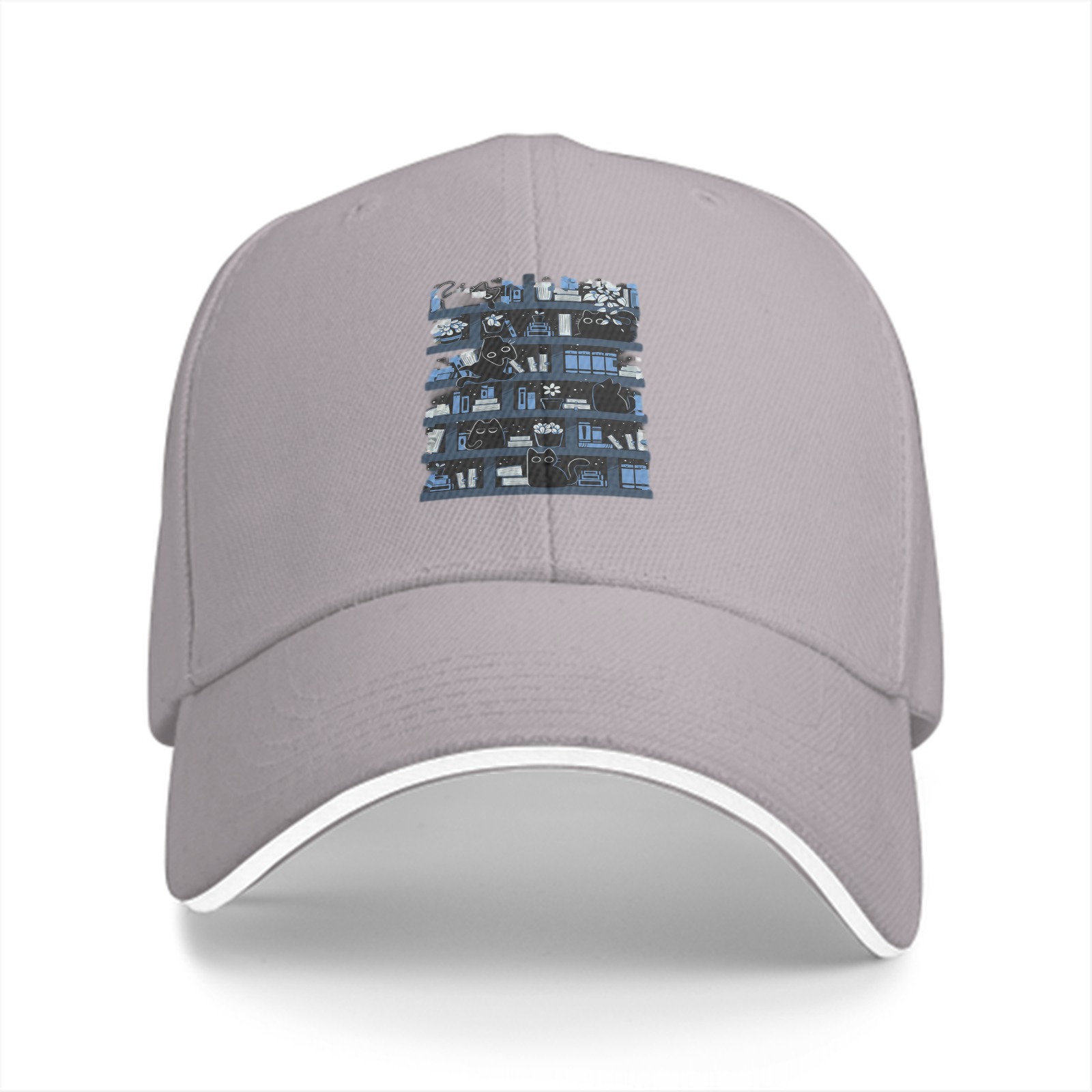 Black Baseball Cap With Bookshelf And Black Cat Graphic