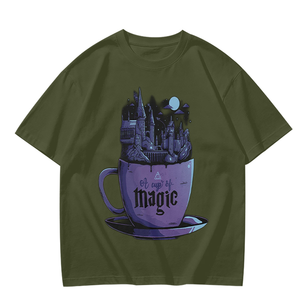 Olive T-Shirt With Teacup Holding Magical Castle Artwork
