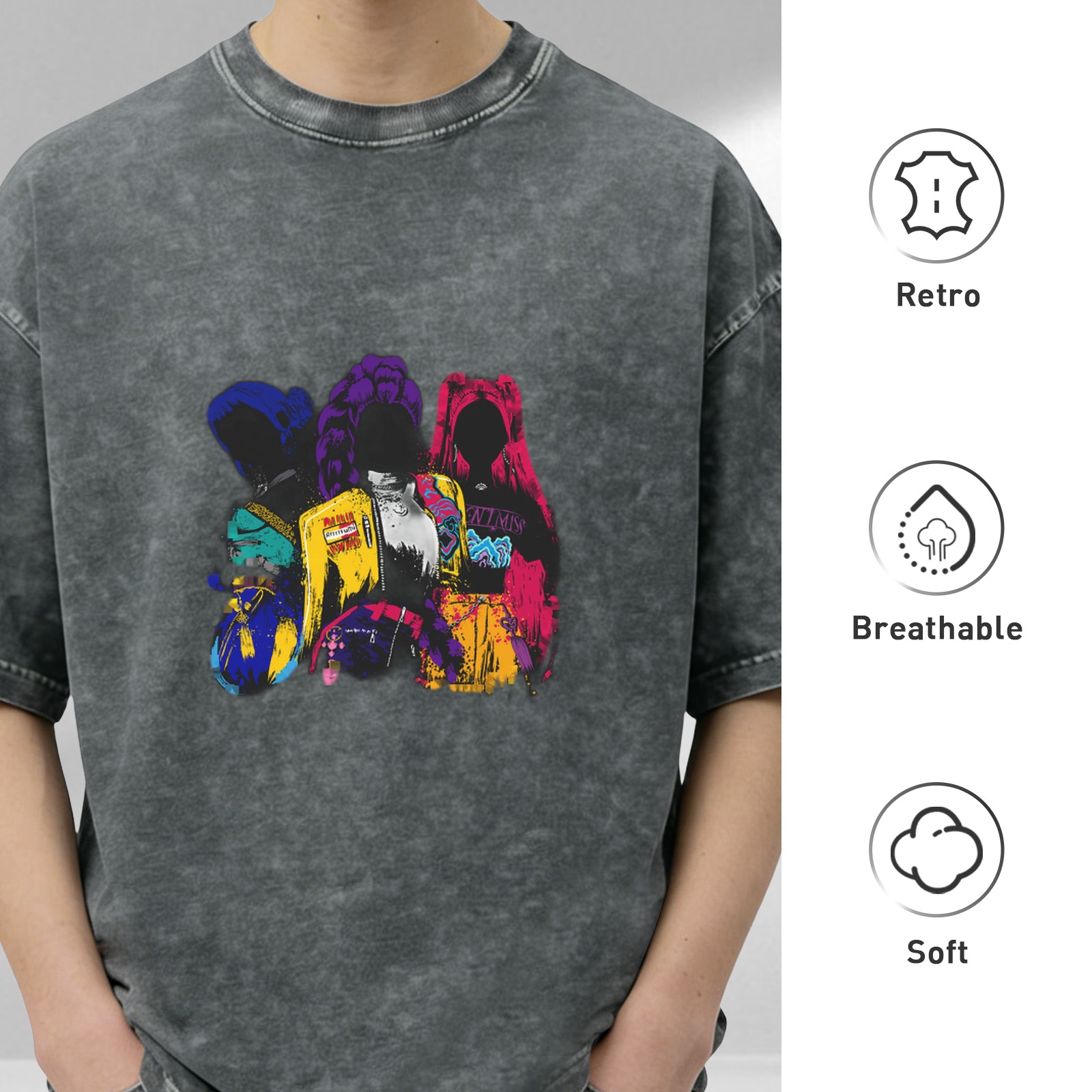 Washed Black Oversized T-Shirt with Colorful Graphic Figures