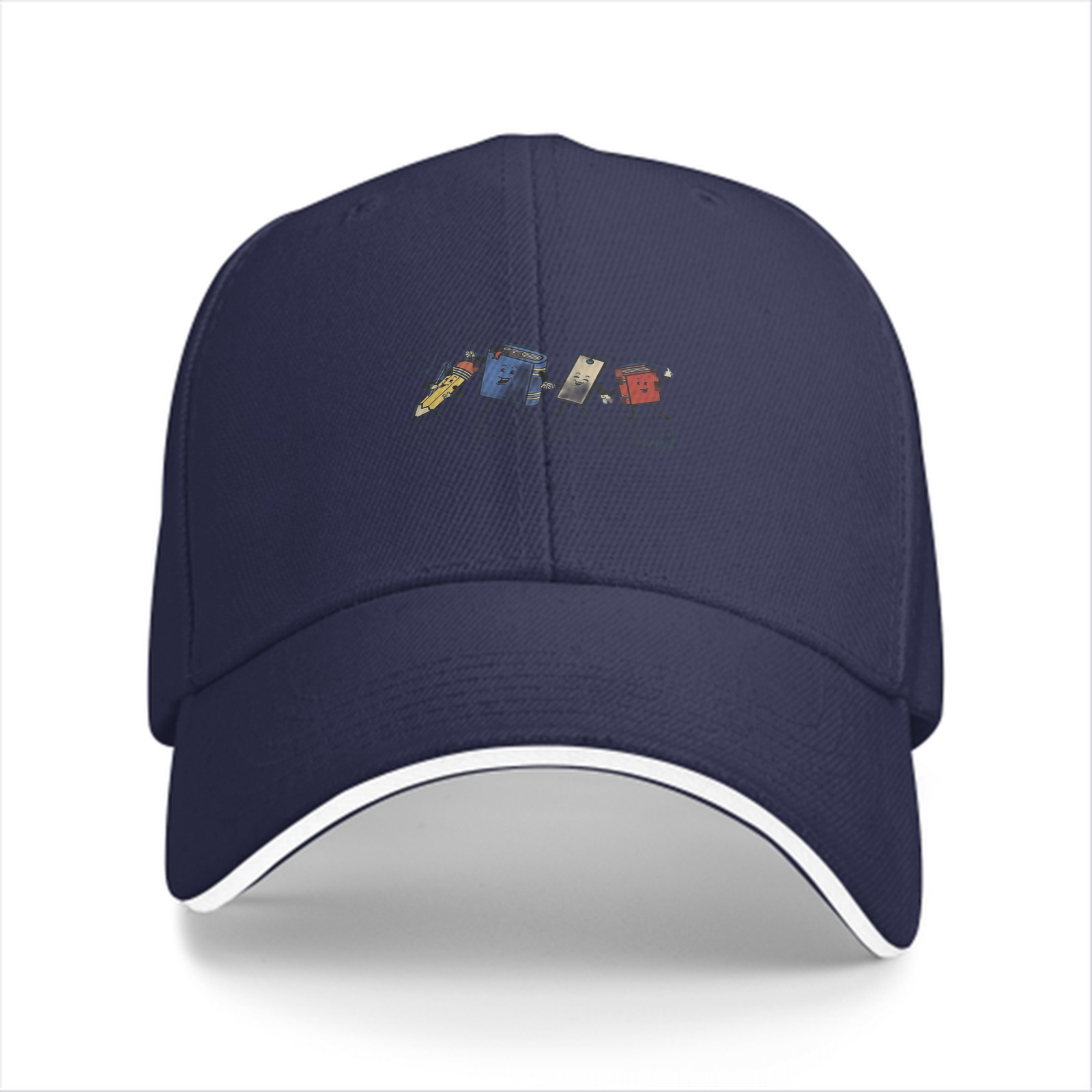 Black baseball cap with cartoon trash can character print