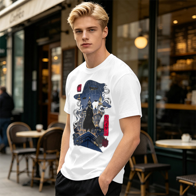 Olive T-Shirt with Night City Rooftop Spy Silhouette Art