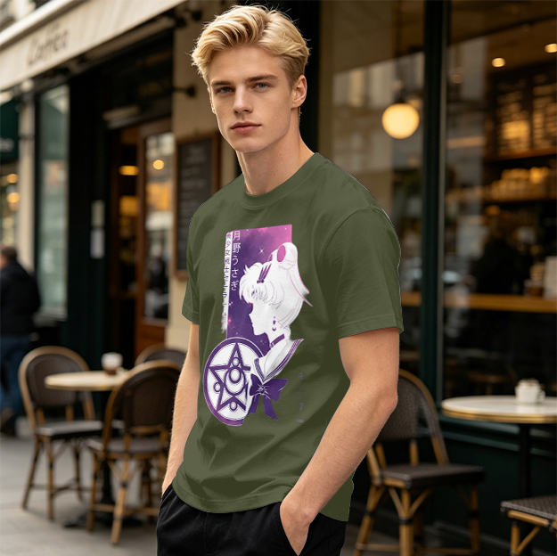 Olive T-shirt with Sailor Moon Anime Silhouette Graphic