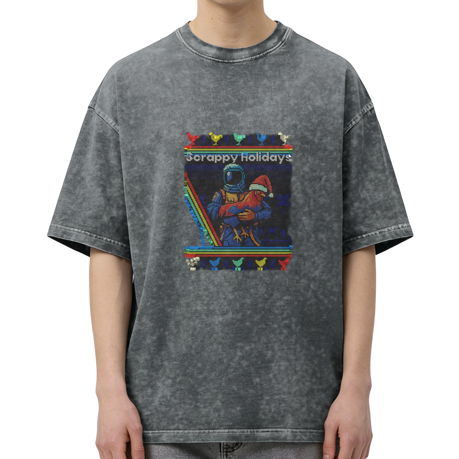Washed Black T-Shirt with Retro Pixel Scrappy Holidays Astronaut Chicken Graphic