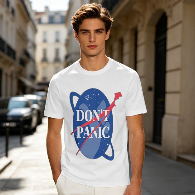 Olive green space-themed t-shirt with 'Don't Panic' print