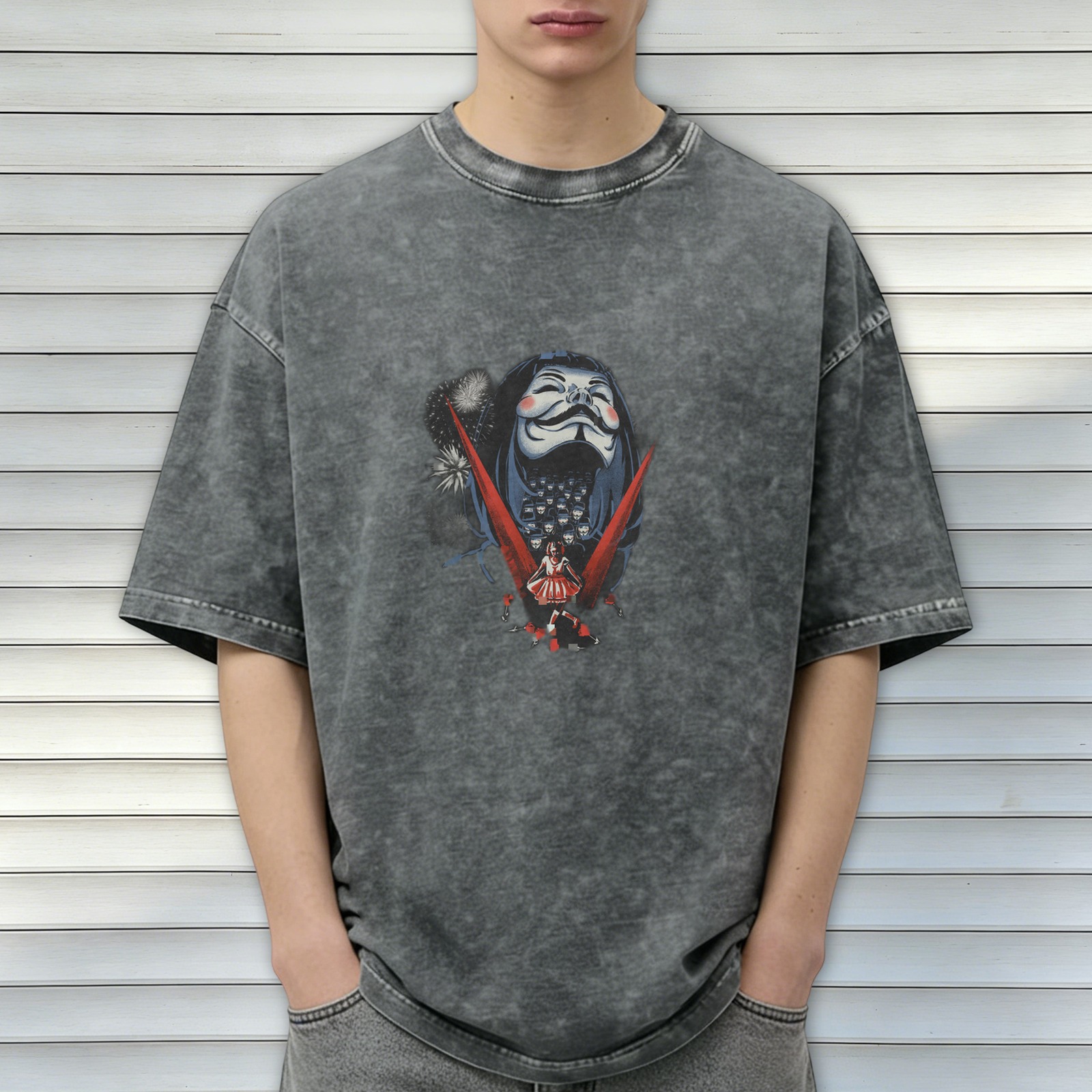 Washed Graphic T-Shirt With Anonymous Mask And Fireworks Print
