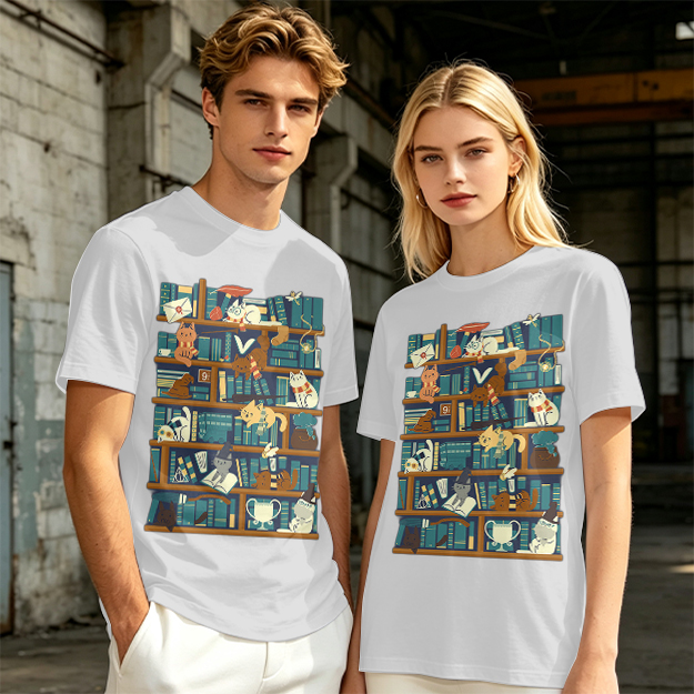Olive t-shirt with playful cats on a bookshelf graphic