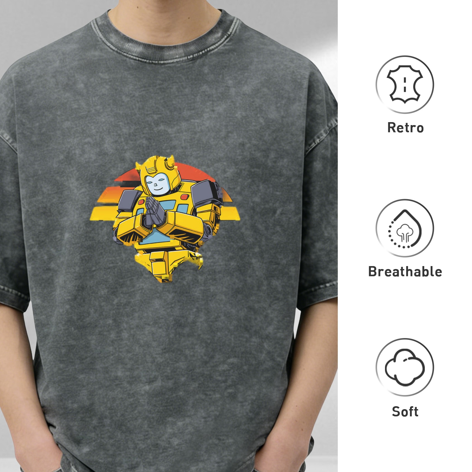 Oversized Acid Wash T-Shirt With Meditating Bumblebee Graphic