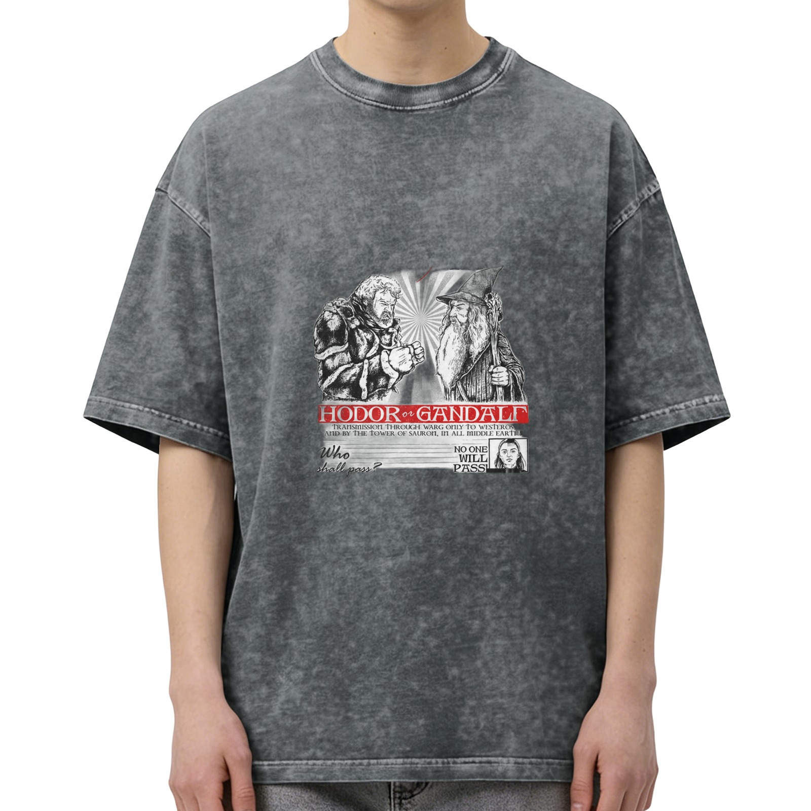 Hodor vs Gandalf Graphic Stonewashed T-Shirt Fantasy Crossover Tee
